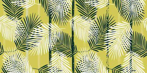 Tropical pattern, palm leaves seamless vector floral background. Exotic plant on green stripes. Summer nature jungle print. Leaves of palm tree on paint lines. brush strokes