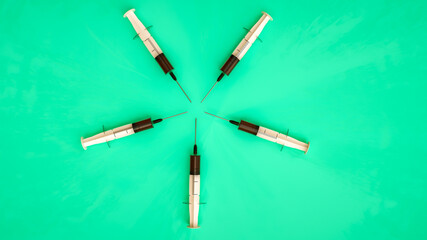 background of three-dimensional disposable syringes on a turquoise backdrop. coronavirus vaccination concept. 3d render illustration