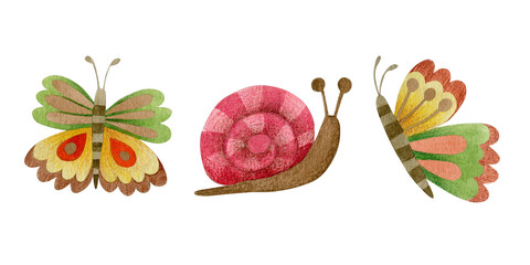 Watercolor set of butterflies and snail isolated on white background.