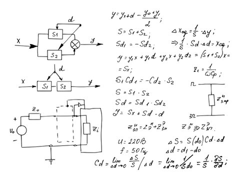 Physics, electronic engineering, mathematics equation and calculations, endless hand writing. Vector whiteboard. Education background.