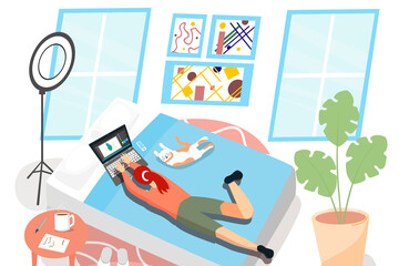 Work at home. Staying at home. Men and women communicate online. Communicate with family during quarantine. Vector illustration in flat modern style.