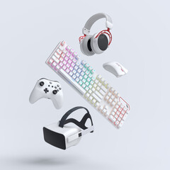 Flying gamer gears like mouse, keyboard, joystick, headset, VR © Vasyl Onyskiv
