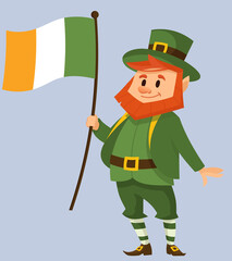Leprechaun holding irish flag. Fairy tale character in cartoon style.