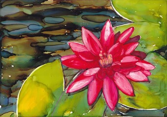 Pink water lilies in a pond, painting in alcohol inks, watercolors, artwork