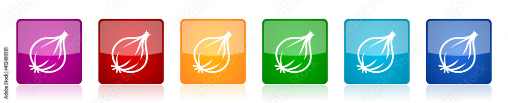 Leinwandbilder fresh onion, vegetable icon set, square glossy vector buttons in 6 colors options for webdesign and 