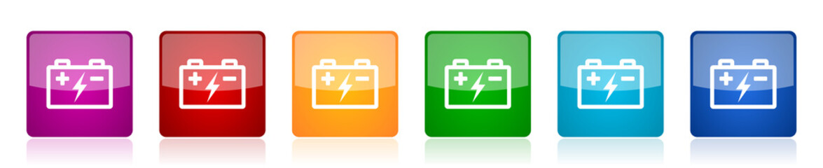 Battery, power storage icon set, square glossy vector buttons in 6 colors options for webdesign and mobile applications