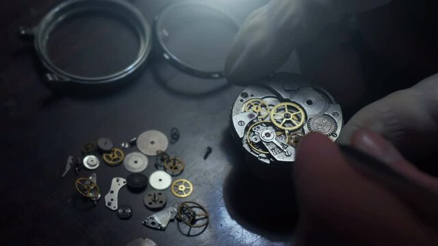 Mechanical watch repair process. Open pocket wristwatch