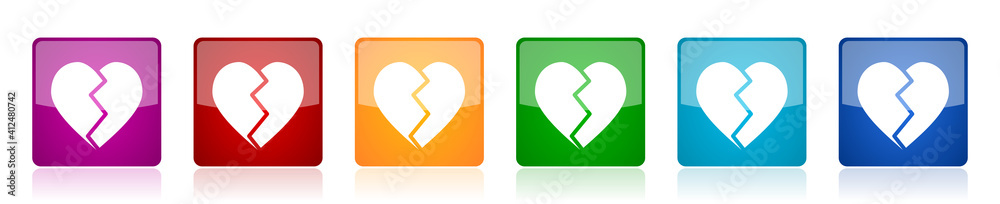 Aufkleber Broken heart icon set, square glossy vector buttons in 6 colors options for webdesign and mobile applications