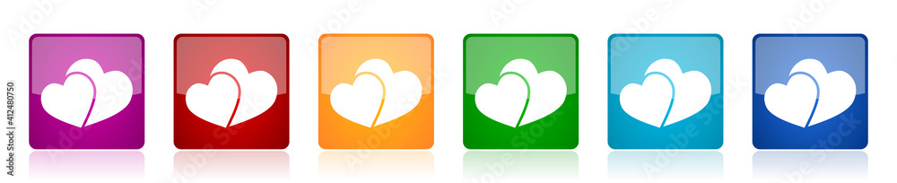 Poster Two hearts, valentines day icon set, square glossy vector buttons in 6 colors options for webdesign and mobile applications