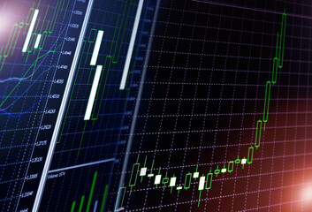 Forex market charts on a computer display. Business Analysis Chart. Stick candlestick chart. Stock price candlestick chart. The concept of fundamental and technical analysis. Bars on the price chart.