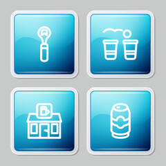 Set line Bottle opener, Beer pong game, Store building of beer shop and can icon. Vector.