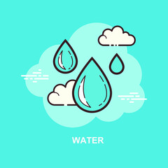 Blue water droplets flat concept design with clouds on blue sky background 