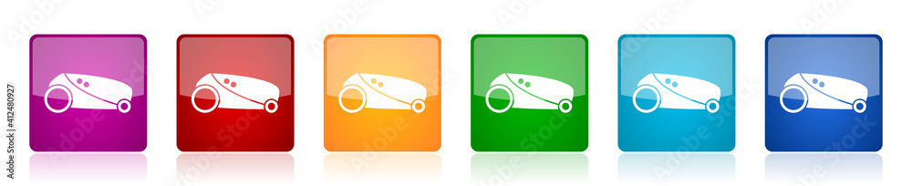 Aufkleber robot, automatic grass mower icon set, square glossy vector buttons in 6 colors options for webdesig