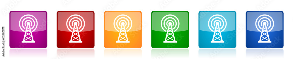 Poster Antenna, wireles communication icon set, square glossy vector buttons in 6 colors options for webdesign and mobile applications
