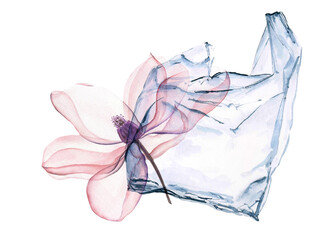 Watercolor plastic bag with flowers. Enviroment pollution poster, Save the ocean, Earth day illustration. Nature and plastic, waste, garbage