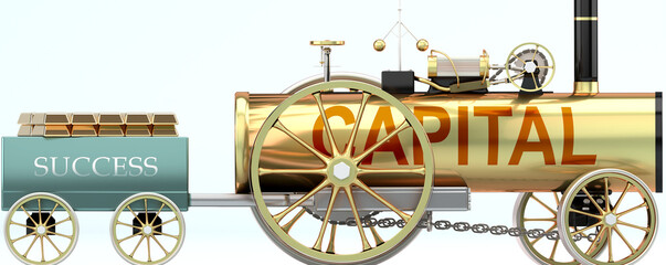 Capital and success - symbolized by a steam car pulling a success wagon loaded with gold bars to show that Capital is essential for prosperity and success in life, 3d illustration