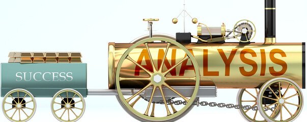 Analysis and success - symbolized by a steam car pulling a success wagon loaded with gold bars to show that Analysis is essential for prosperity and success in life, 3d illustration