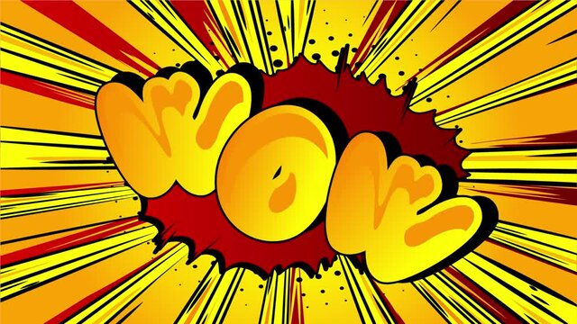 Wow comic book word. Retro Cartoon Popup Style Expressions. Colored Comic Bubbles and Speed Radial line. Animation on doodle background.