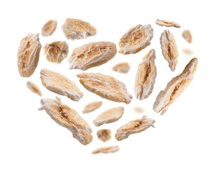 Dry oat flakes in the shape of a heart on a white background