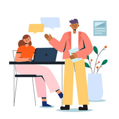 the illustration of men and women discussing their work