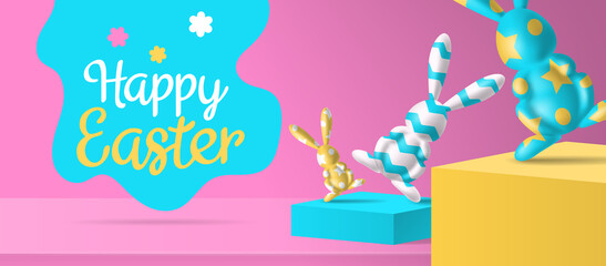 happy easter banner design  3d   decorated bunny figures on podiums  vector illustration