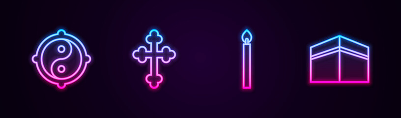 Set line Yin Yang, Christian cross, Burning candle and Kaaba mosque. Glowing neon icon. Vector.