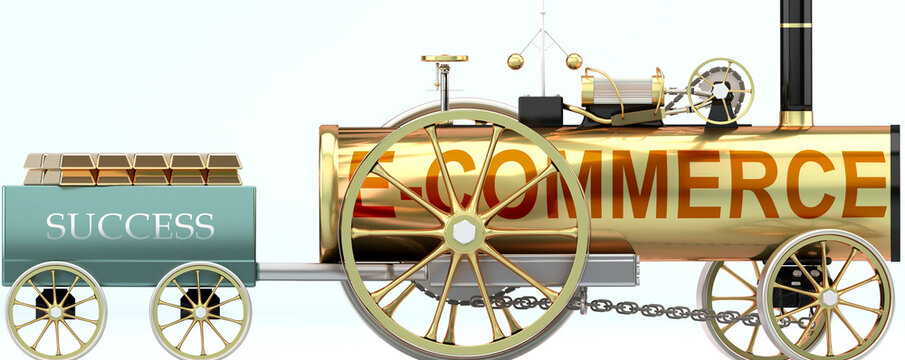 E commerce and success - symbolized by a steam car pulling a success wagon loaded with gold bars to show that E commerce is essential for prosperity and success in life, 3d illustration