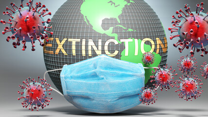 Extinction and covid - Earth globe protected with a blue mask against attacking corona viruses to show the relation between Extinction and current events, 3d illustration
