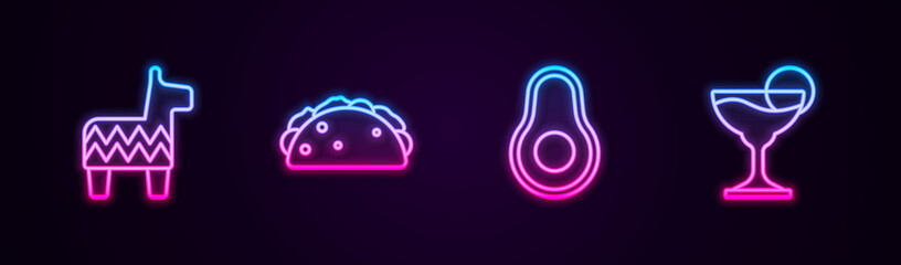 Set line Pinata, Taco with tortilla, Avocado fruit and Margarita cocktail. Glowing neon icon. Vector.