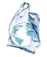 Watercolor Earth in plastic bag. Enviroment pollution poster, Save the ocean, Earth day illustration. Nature and plastic, sea pollution, ecology poster