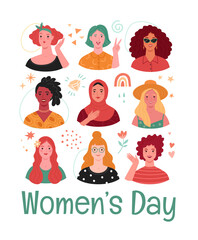 Women's Day greeting card. Vector illustration of diverse multi ethnic cartoon women portraits in modern flat style. Isolated on white background with abstract elements
