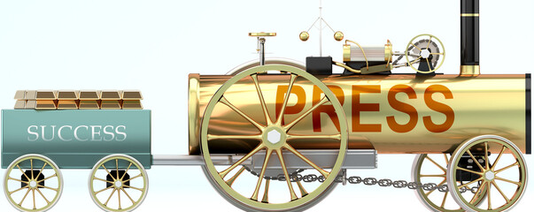 Press and success - symbolized by a retro steam car with word Press pulling a success wagon loaded with gold bars to show that Press is essential for prosperity and success in life, 3d illustration