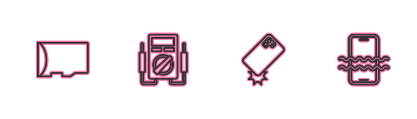 Set line Micro SD memory card, Shockproof phone, Multimeter and Waterproof icon. Vector.