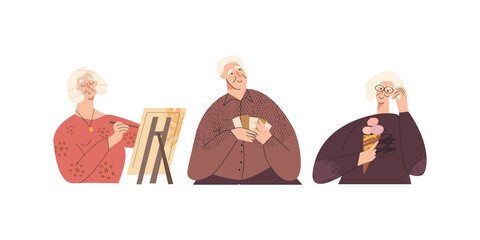 Set of happy elderly senior adult. Old cheerful people leisure. Silver generation having fun, spare-time of baby boomers. Active pensioner