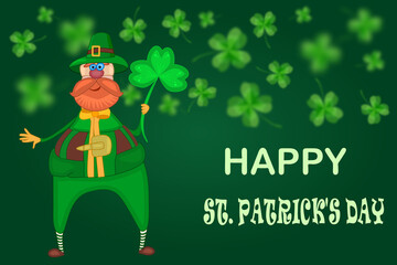 Leprechaun and clover on green background. Happy St. Patrick's Day banner with leprechaun or elf and lucky shamrock leafs on green blur backdrop. Irish symbols of the holiday.Stock vector illustration