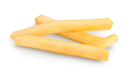 French fries or fried potatoes isolated on white background with clipping path and full depth of field