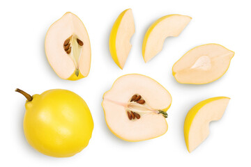 Fresh quince with half and slices isolated on the white background with clipping path and full...