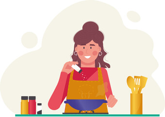 Vector hand drawn illustration in flat style. A girl in an apron is cooking. Frying pan wok on the stove. Asian cuisine. Kitchen utensils, spices and sauces, ingredients. Homemade food, dinner, cozy a
