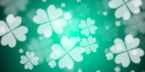 Abstract light green background with flying four leaf clovers