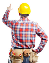 Middle aged caucasian contractor with tool belt and yellow hard hat pointing his finger up isolated on white background. Clipping path added