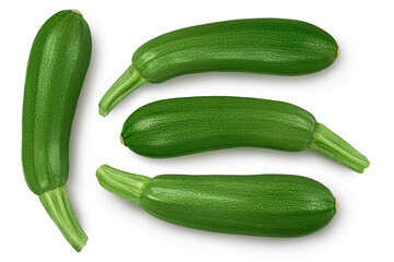Fresh whole zucchini isolated on white background with clipping path and full depth of field, Top view. Flat lay