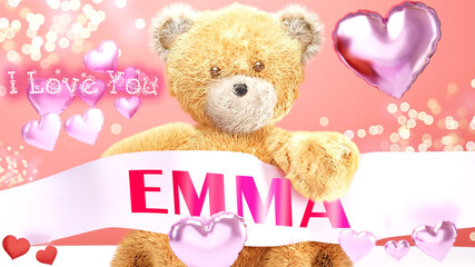 I love you Emma - cute and sweet teddy bear on a wedding, Valentine's or just to say I love you pink celebration card, joyful, happy party style with glitter and red and pink hearts, 3d illustration