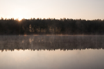 Cold summer morning in the forest with lake, forest reflection and mist on the water surface.