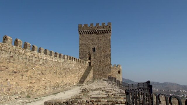Genoese fortress on Castle Hill (Castle Rock) in city of Sudak. Fortress is powerful fortification, impregnable from west and inaccessible from south. Crimea, Russia. October.2014
