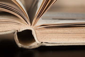  Fragment of an open book lying on the table.