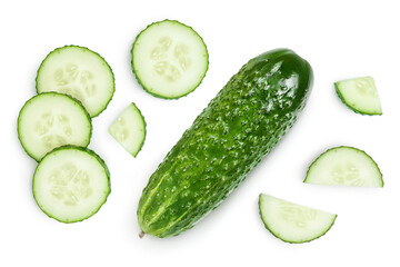 Sliced cucumber isolated on white background . Top view. Flat lay