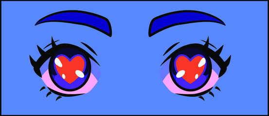 Manga eyes of cartoon female character in love. Vector design for t-shirt graphics, fashion prints, tees, stickers, posters.