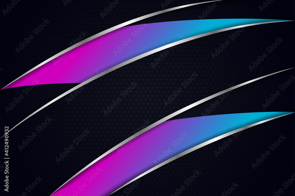 Poster template diagonal lines curve grey and dark overlapping layers on black metal background. hexagon pa