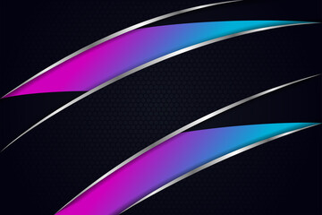 Template diagonal lines curve grey and dark overlapping layers on black metal background. hexagon pattern. combination gradient pink and blue. 