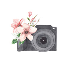 Watercolor camera with flowers, photographer logo